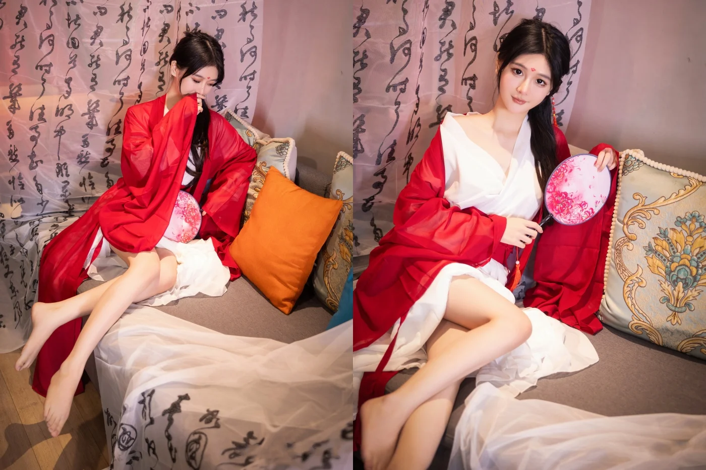 颜值巅峰秀人网当红女神模特【谢小蒽】大胆私拍古风篇，透明红袍笛子遮B紫薇呻吟滴蜡原声挑逗 (4)